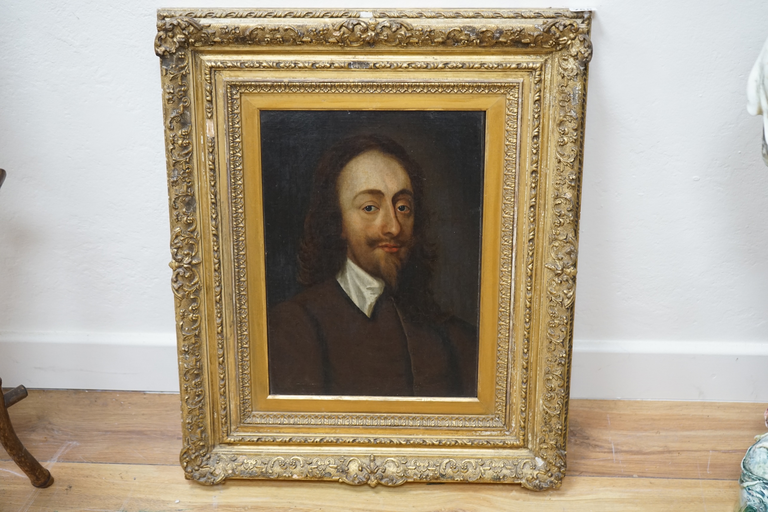 18th/19th century, English School, oil on canvas, Portrait of King Charles I, 38 x 27cm, ornate gilt framed. Condition - fair, would benefit from a clean, losses to the frame